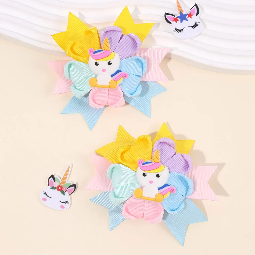 2PCS Lucky Unicorn hair clip For Litter Girls Colorful Ribbon Flower Hairpin Handmade Children Headwear Kids Hair Accessories