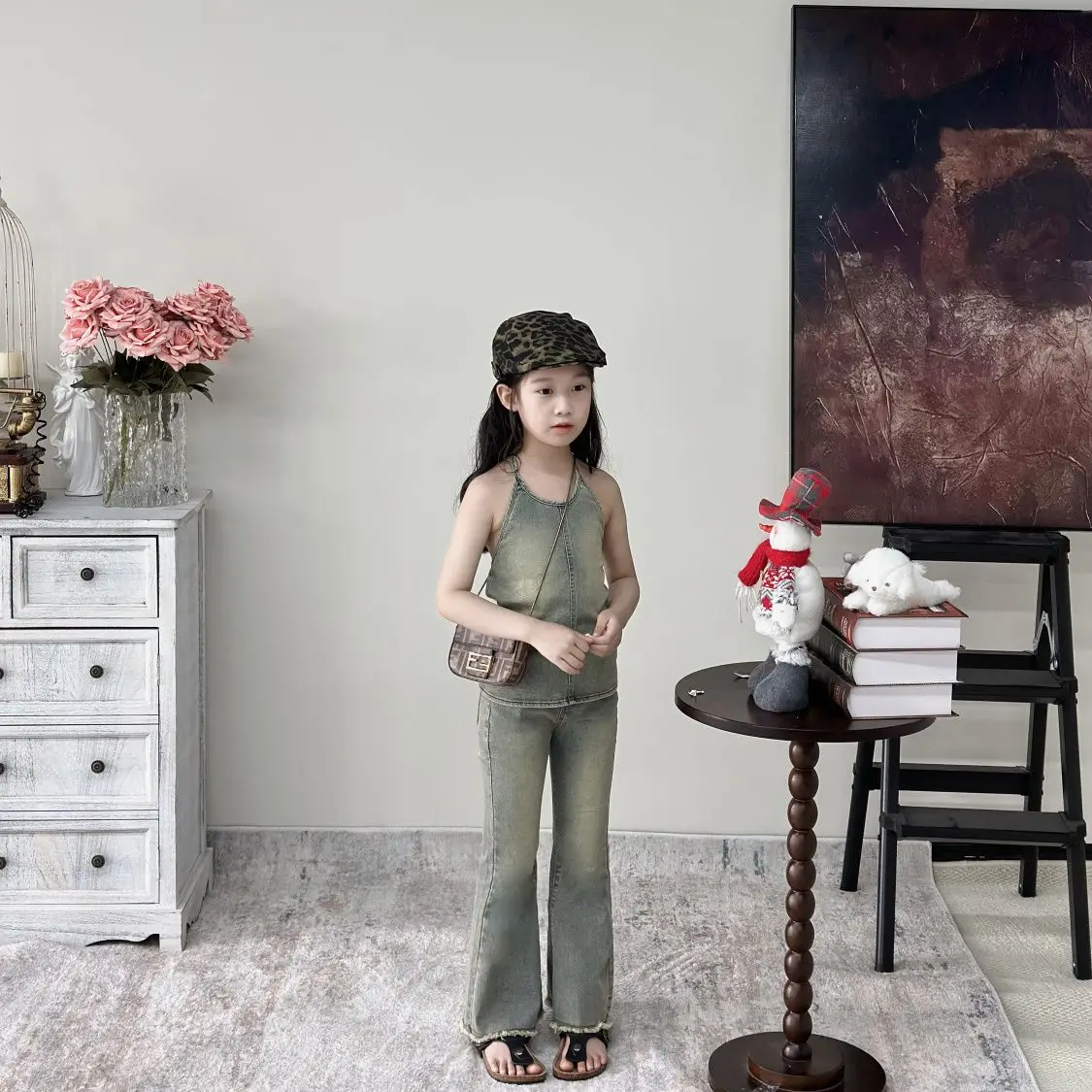 Girls Suit 2025 Summer New Childrens Clothing Girl Baby Retro Elastic Neck Backless Denjean Blouse Bell-bottom Pants Two-piece