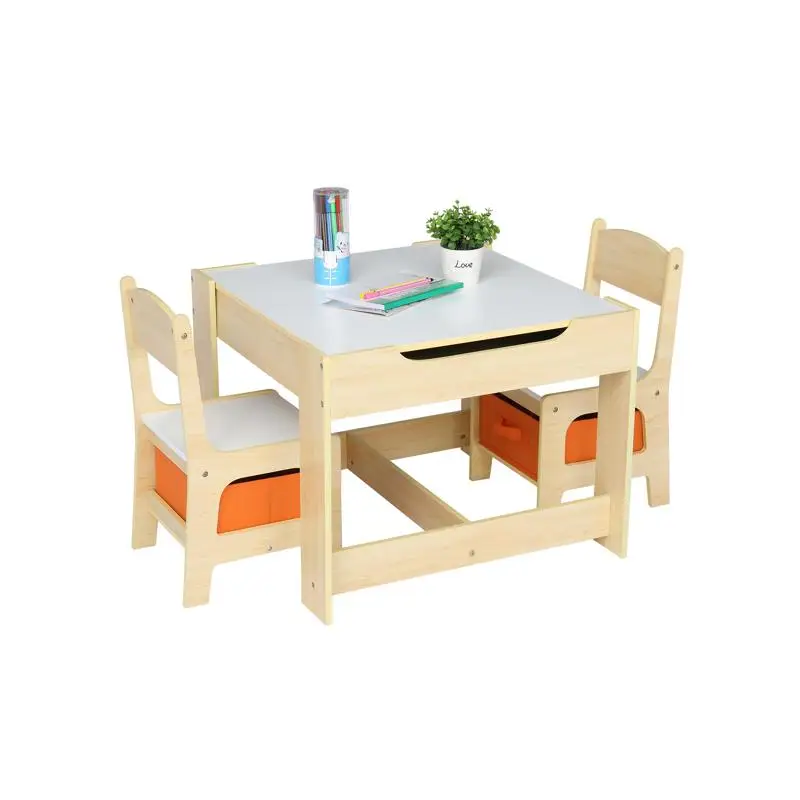 Kids Wooden Table & Chair Set with 2 Storage Bags - Includes 1 Table & 2 Chairs for Playroom or Bedroom