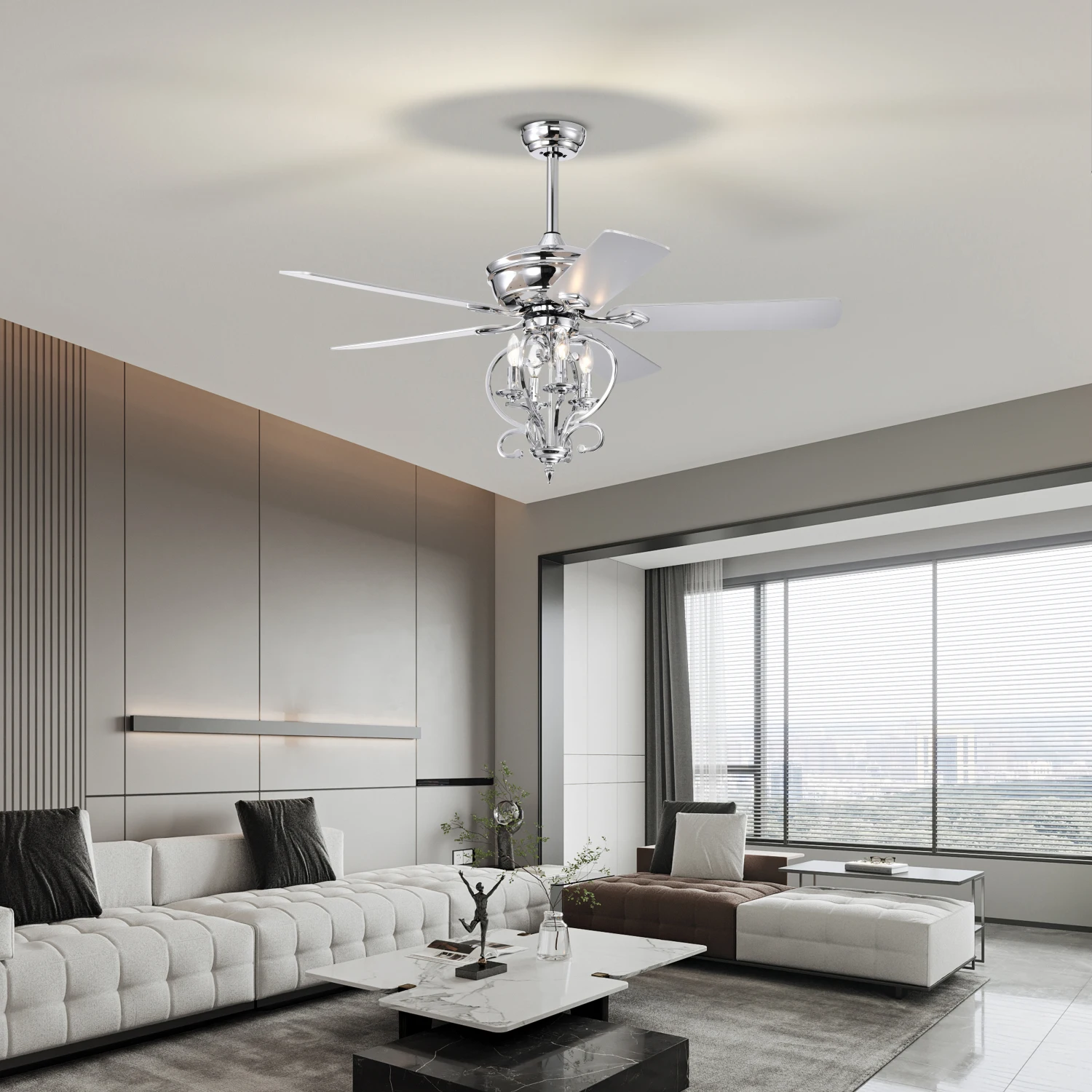 52" 4-Light Ceiling Fan w/ 5 Wood Blades, Remote Control, Reversible Airflow, 3-Speed, Adjustable Height (Silver)