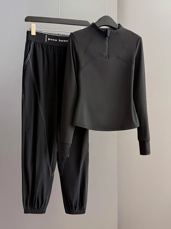 

High-End Casual Sportswear Set for Women Spring Season Slimming Black Long Sleeve T-Shirt Sweatpants Two-Piece Set Comfortable