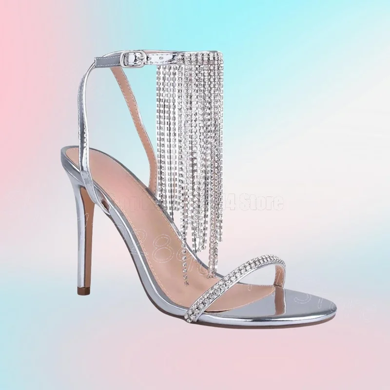 

Silver Crystal Tassels Design Open Toe Sandals Buckle Strap Women Shoes Thin High Heels Party Banquet 2026 Zapatos Para Mujere