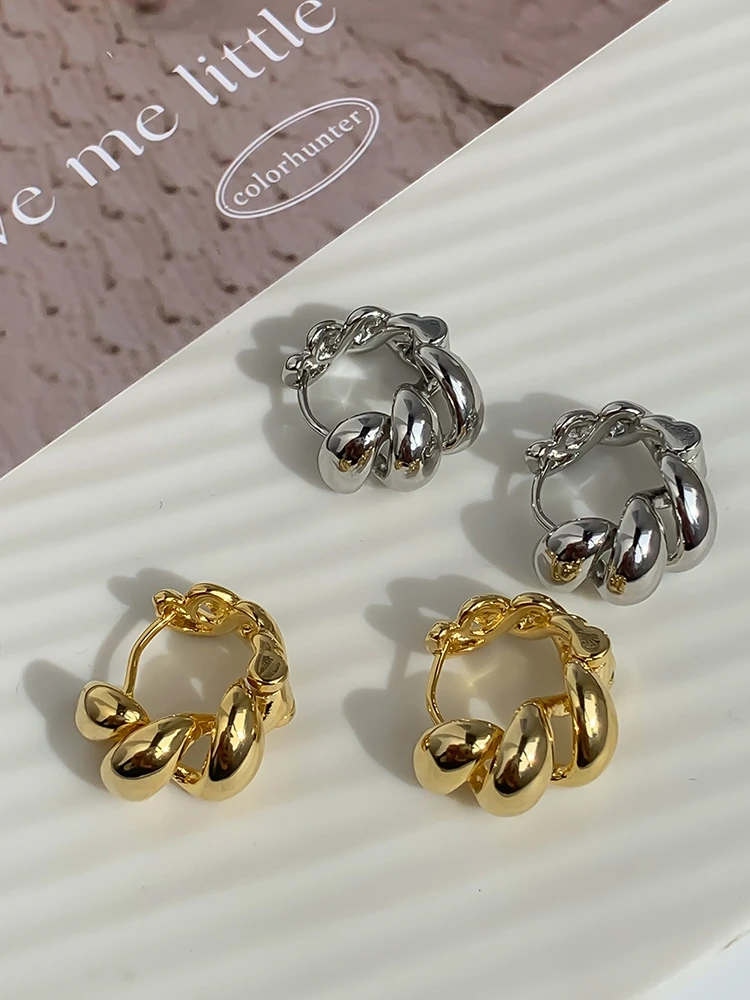Brass Twist Hoop Earrings Women Jewelry Punk Hiphop Designer Runway Rare Simply Gown Boho Top Japan Korean