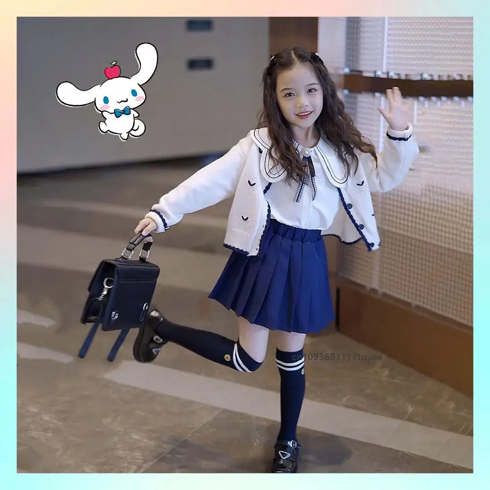 

Cinnamoroll Girls'jk Plaid Skirt Set Anime Sanrios Knit Cardigan Shirt Pleated Skirt Y2K Kid Spring Autumn College Style Fashion