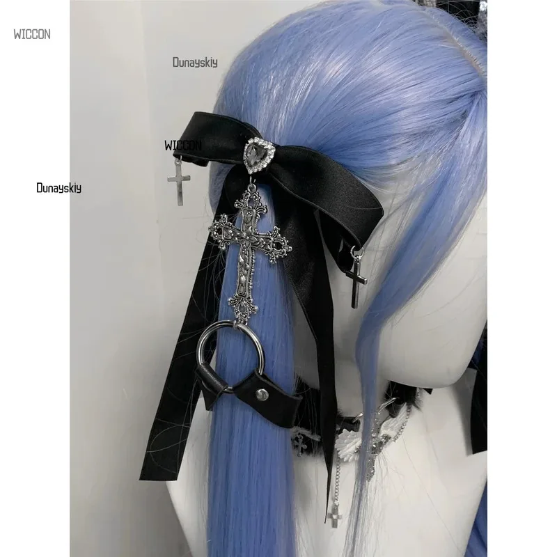 Gothic Lolita Twin-Tail Hair Clips  Dark Casual Dangerous Type Subculture Black Ribbon Cross Hairpins Japanese Street Halloween