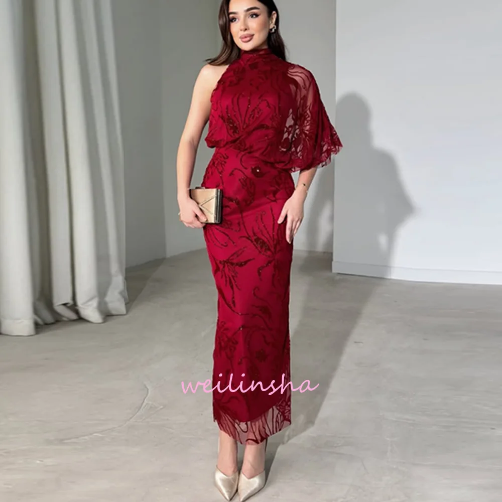 Customized Navy Tulle Evening Gown One‑Shoulder Chiffon Beaded Floral Applique Mermaid Formal Dress for Mother of Bride Wedding