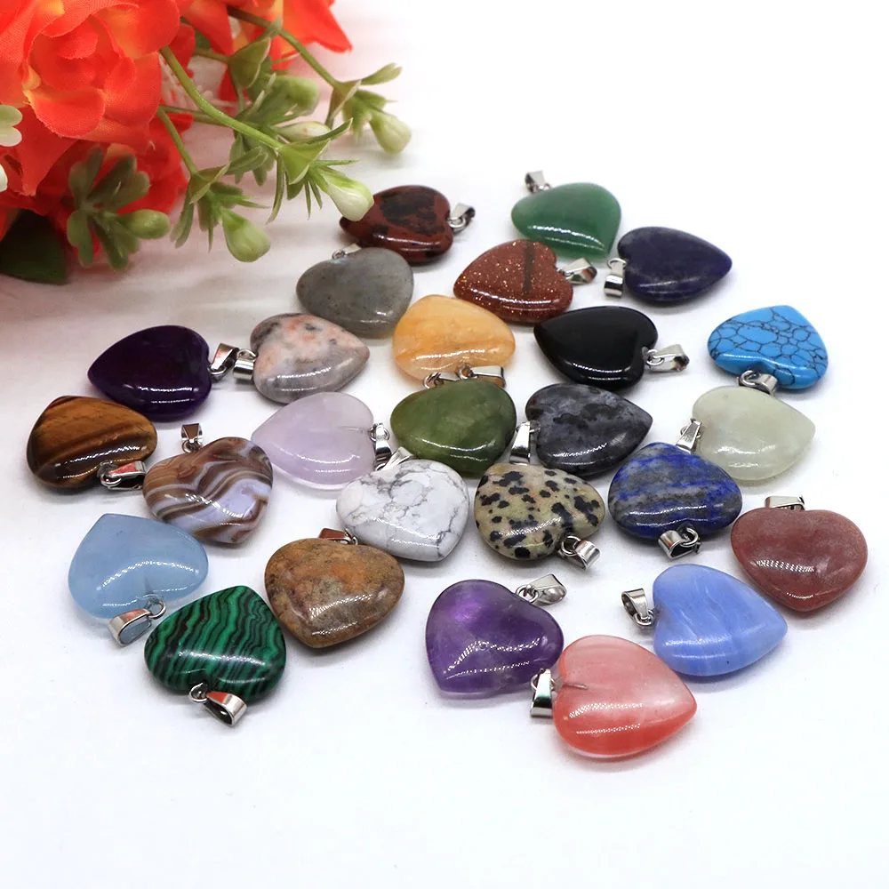 10PC/Set Natural Agate Turquoises Quartz Heart Shape Pendant Crystal Amethyst Healing Gemstone Necklace Women Charm Jewelry 16mm