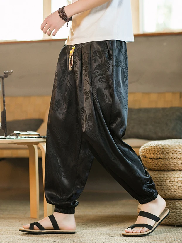 

Loose Men's Dragon Pattern Silk Pants Summer Trendy Lantern Pants Straight Leg Casual Trousers Anti-Wrinkle Lightweight