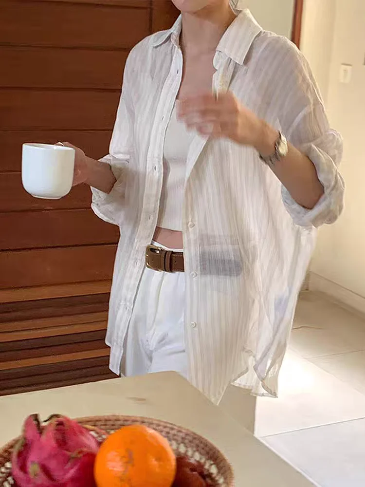 

Свободная полосатая рубашка с длинным рукавом для женщин, легкая верхняя одежда из смесового хлопка и льна с защитой от солнца, в корейском стиле, для повседневной носки