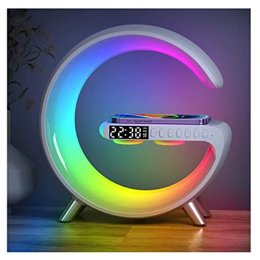 Smart LED Table Lamp, 4-in-1 Wireless Charger, Night Light, Alarm Clock, and Bluetooth Speaker with App Control for Bedroom, Of