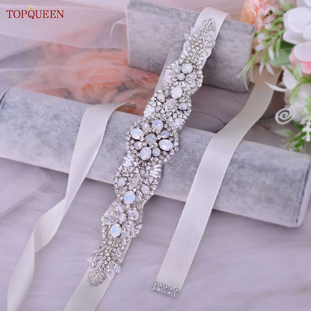 TOPQUEEN S67 Wedding Accessories Luxury Opal Diamonds Beaded Pearl Belts Women's Wedding Party Dress Sash