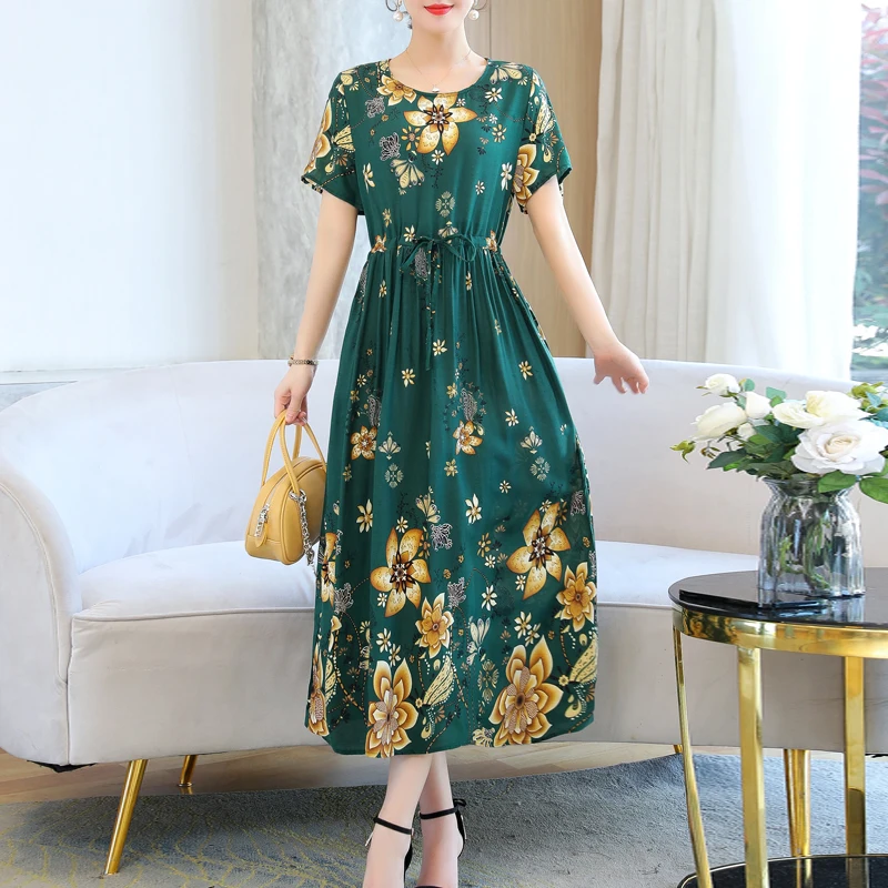 New Fashion Summer Dresses For Women 2024 O-neck Print Long Dress Short Sleeve Women Long Dresses Loose Dresses Women Clothing