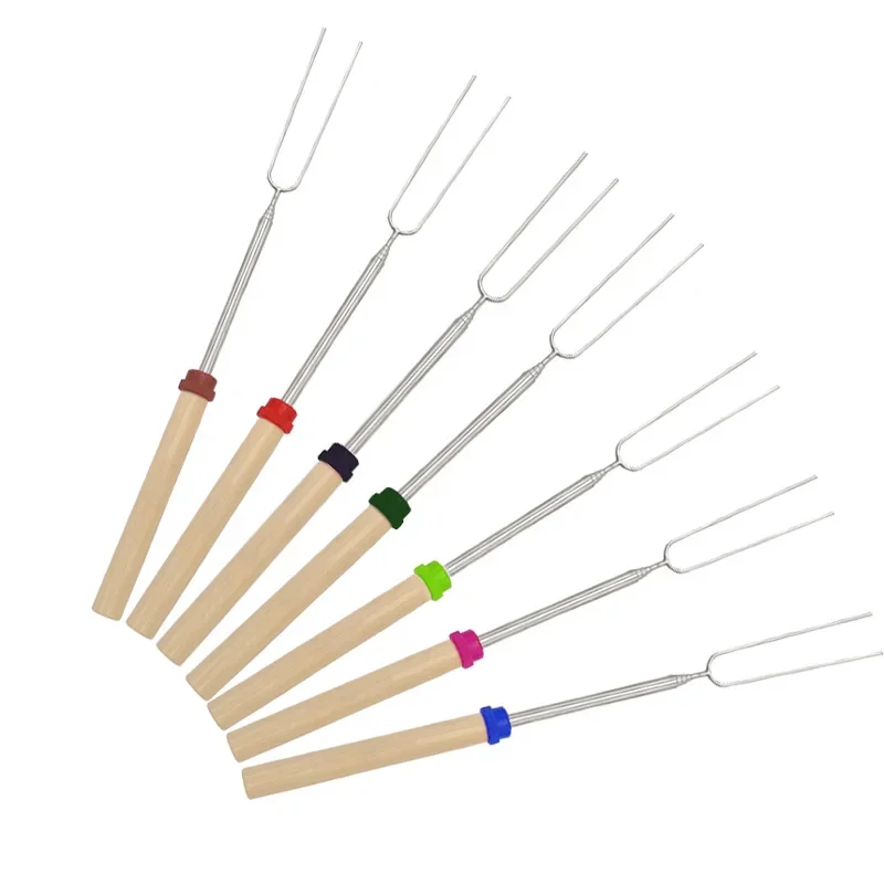Set Telescopic U-shaped Barbecue Fork Outdoor BBQ Stainless Steel Telescopic Wooden Handle Barbecue Skewer