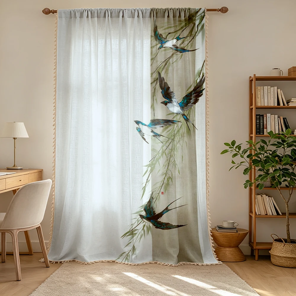 1PC Animal Tassel Sheer Curtains, Swallow Willow Branch, Digital Print, Polyester, Bedroom Living Room, Rod Pocket, Home Decor