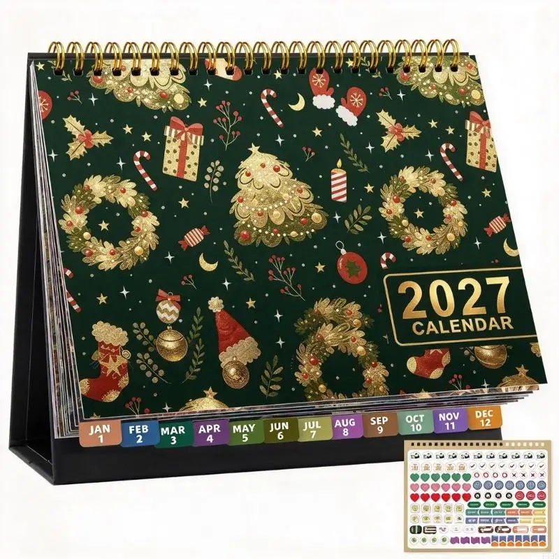 2027 Desk Calendar, 13-Page Monthly Format with Twin-Wire Binding, Color-Coded Tabs, and Freestanding Display Base F19E