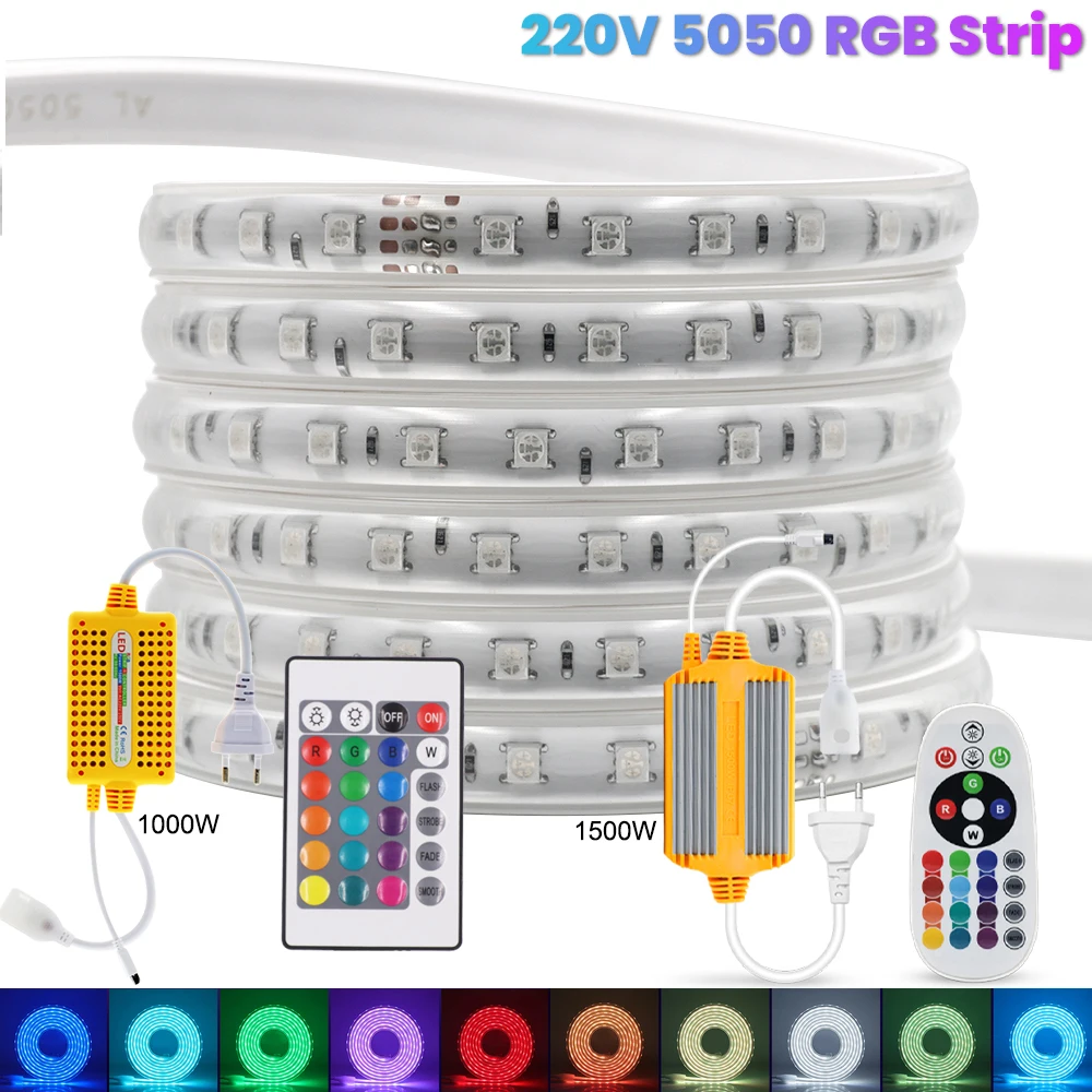 220V IP67 Waterproof RGB 5050 LED Strip with IR Remote Controller 1000W/1500W Flexible LED Light Strip RGB 1M - 100M EU Plug Set