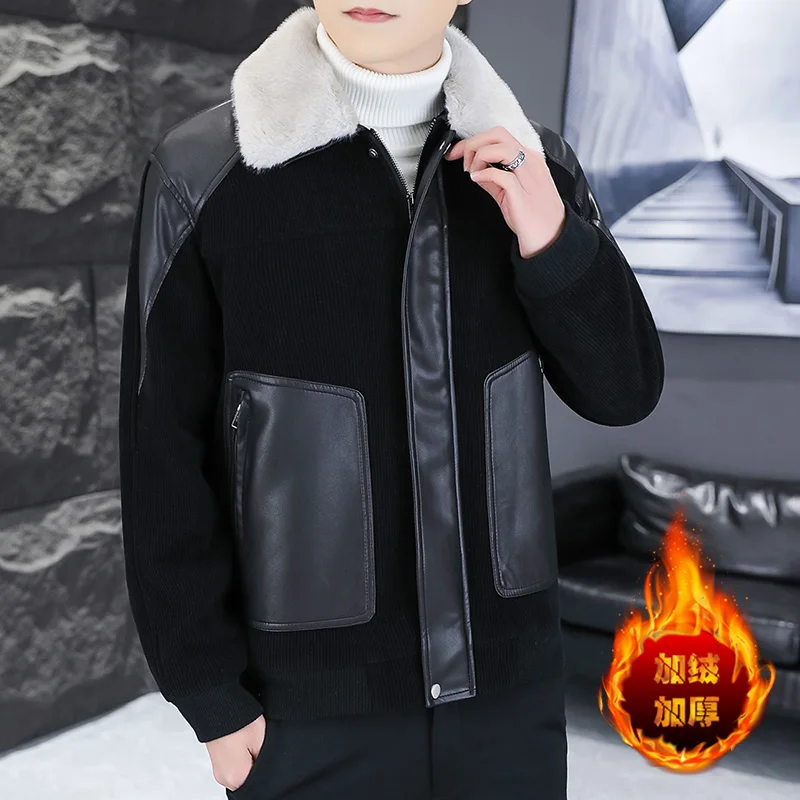 

2023 Winter PU Splice Woolen Jacket Men Korean Fashion Thicken Warm Lapel Casual Business Trench Coat Streetwear Overcoat M-4XL