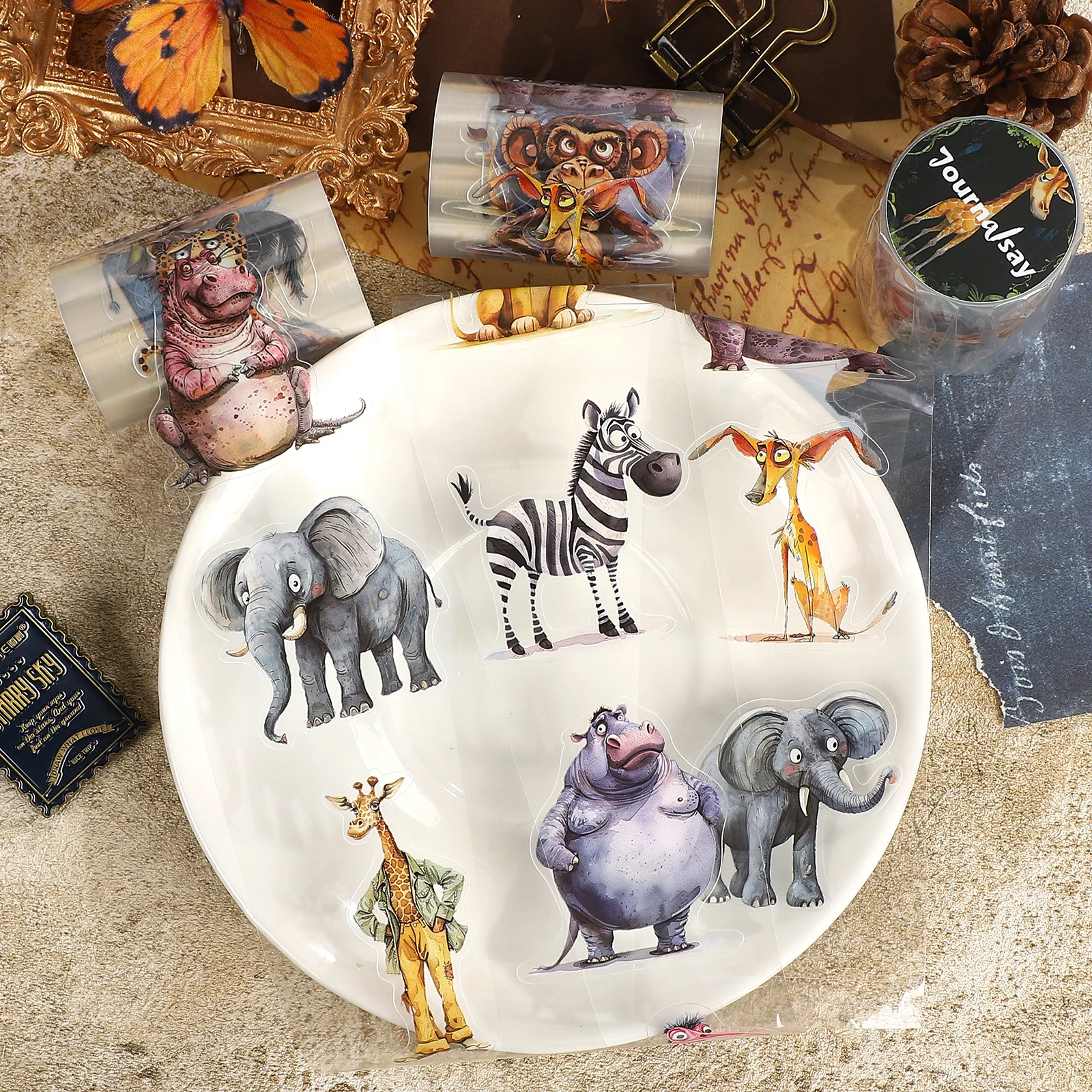 

60mm*200cm Vintage Quirky Safari Animals Landscape PET Tape Creative DIY Journal Material Collage Scrapbook Stationery