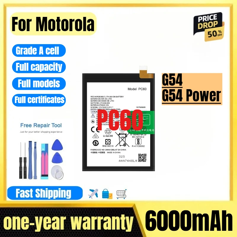 PC60 for Motorola G54/G54 Power Phone Battery 0 Cycle High Quality High Capacity Replacement Bateria Grade A Cell with Tools