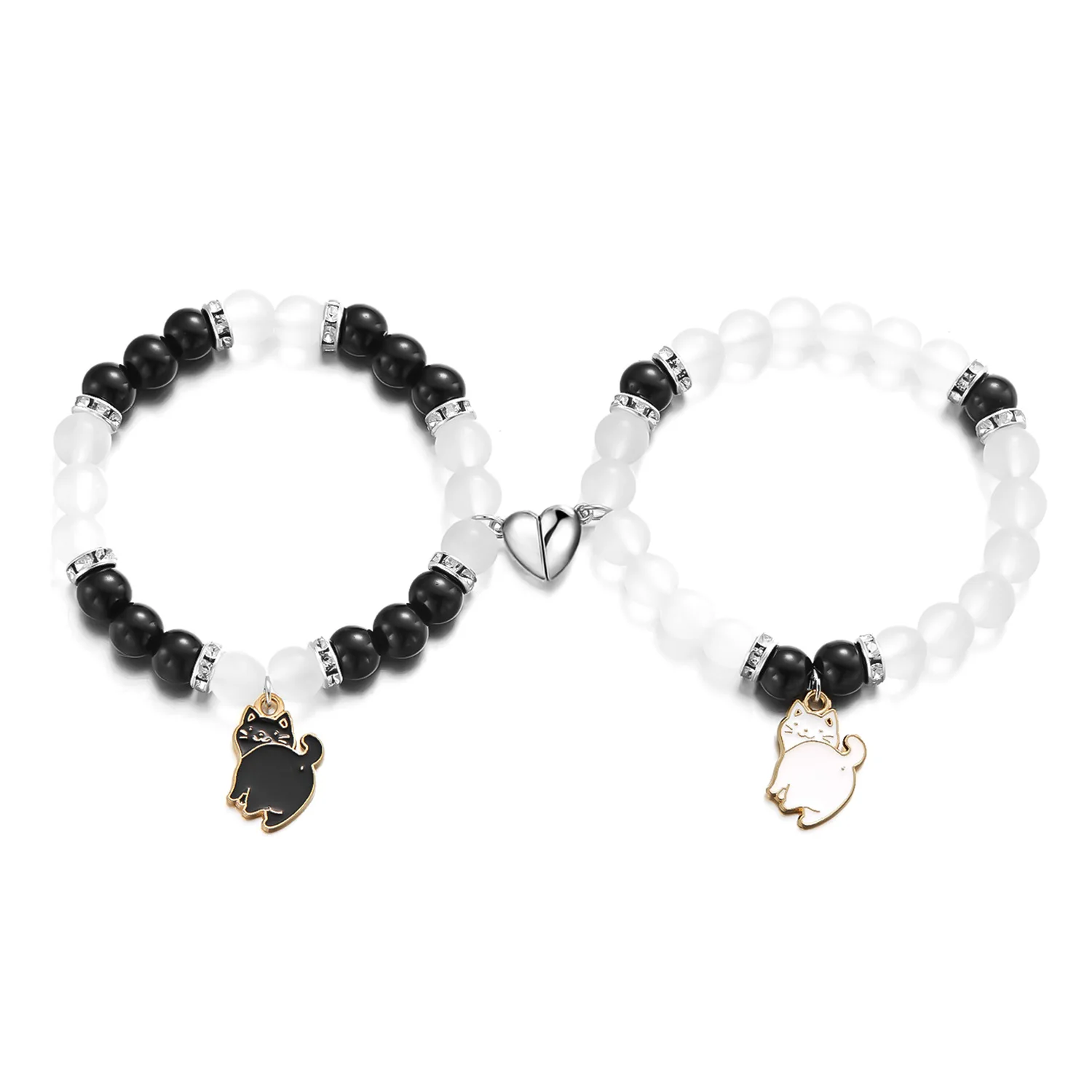 2Pcs/Set Black White Cute Cat Beaded Bracelets for Women Heart Magnetic Matching Couple Bracelets Girls Festival Jewelry Gifts