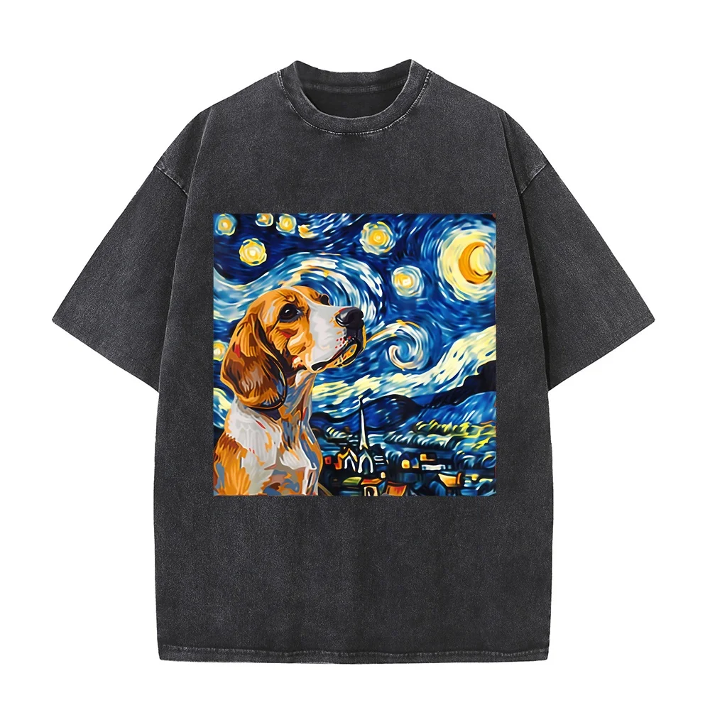 Beagle Dog Van Gogh Style Starry Night T-Shirt Футболка Funny Shirts Man Gift Full Size Text Print Women Cotton T Shirt Dad
