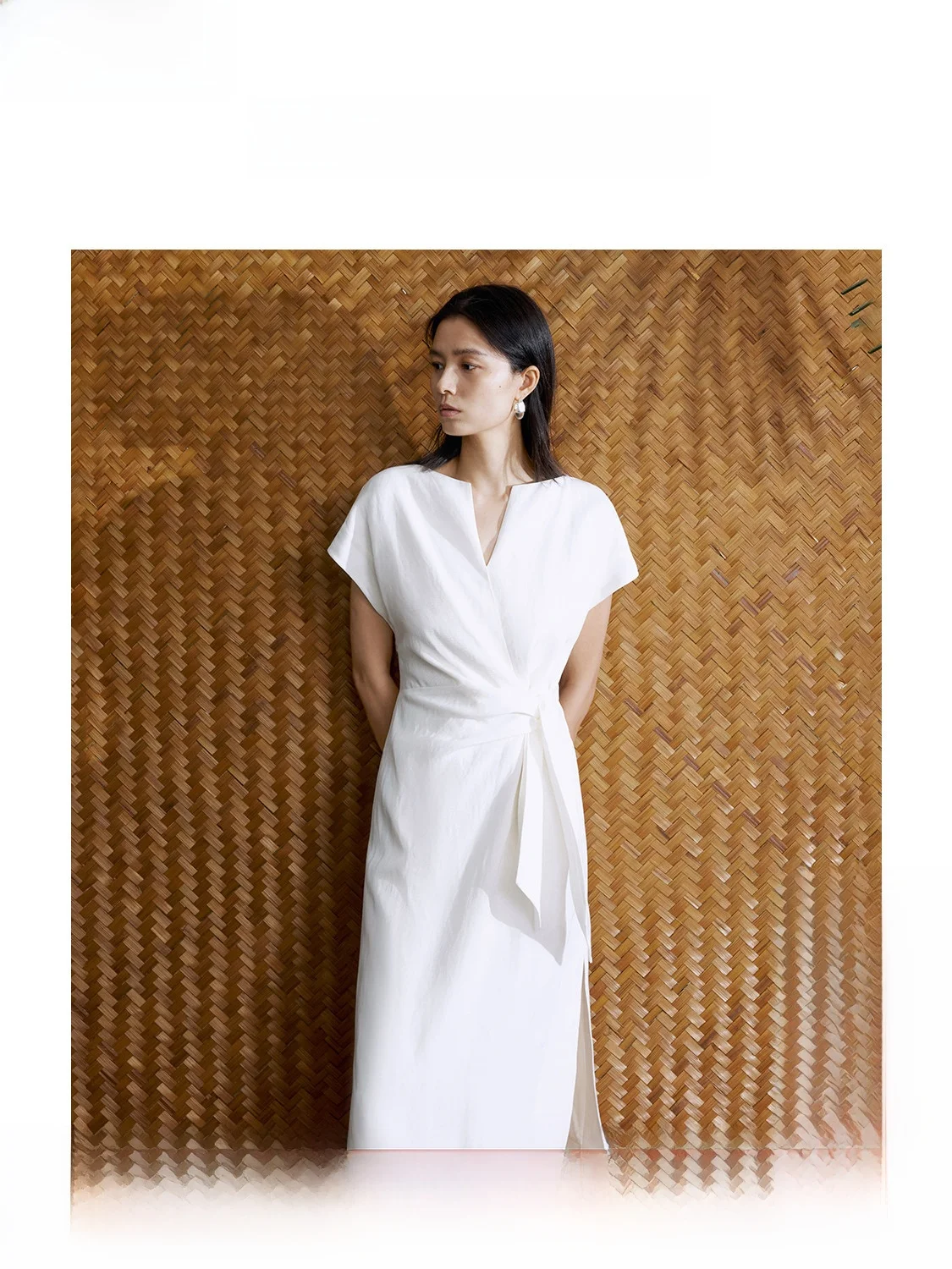 

New Arrival Women's White ort Sve V-ne Dr Waist-cinching Summer 2025 Epiphany Silk-Linen Faion Casual Sle