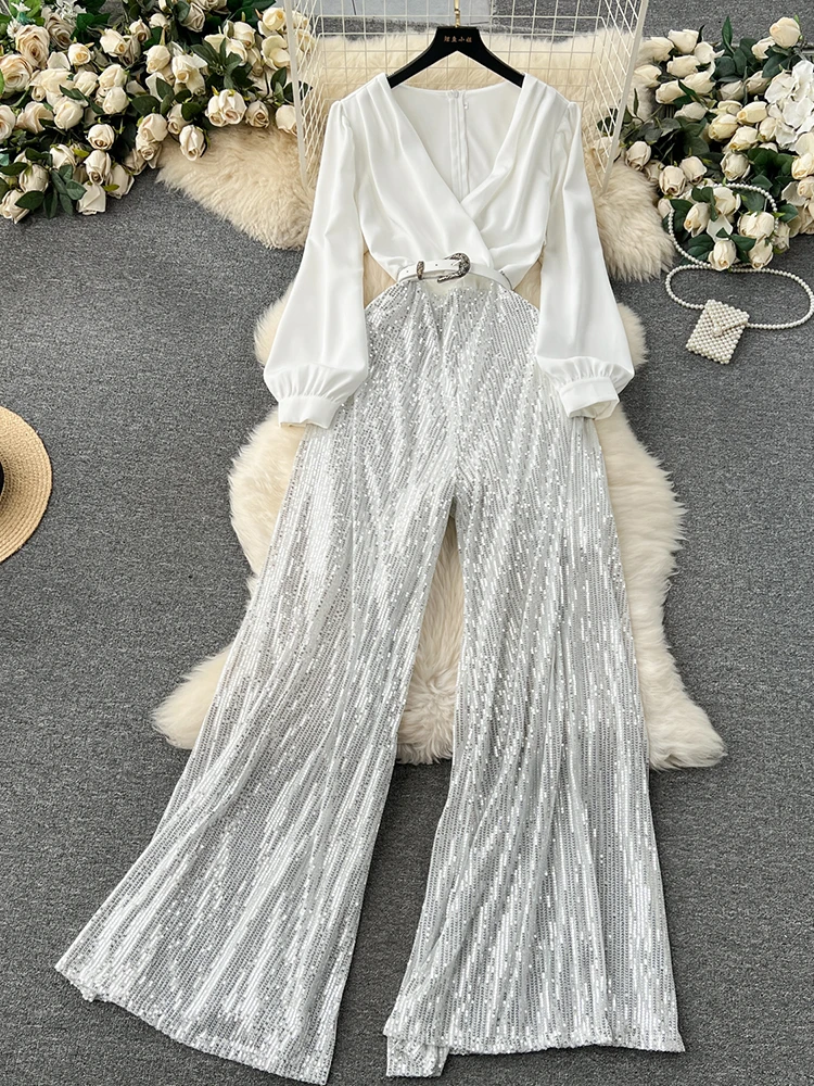 EWQ elegant style chic jumpsuit women fake two piece patchwork sequins with belt high waist jumpsuits winter spring 2024 new