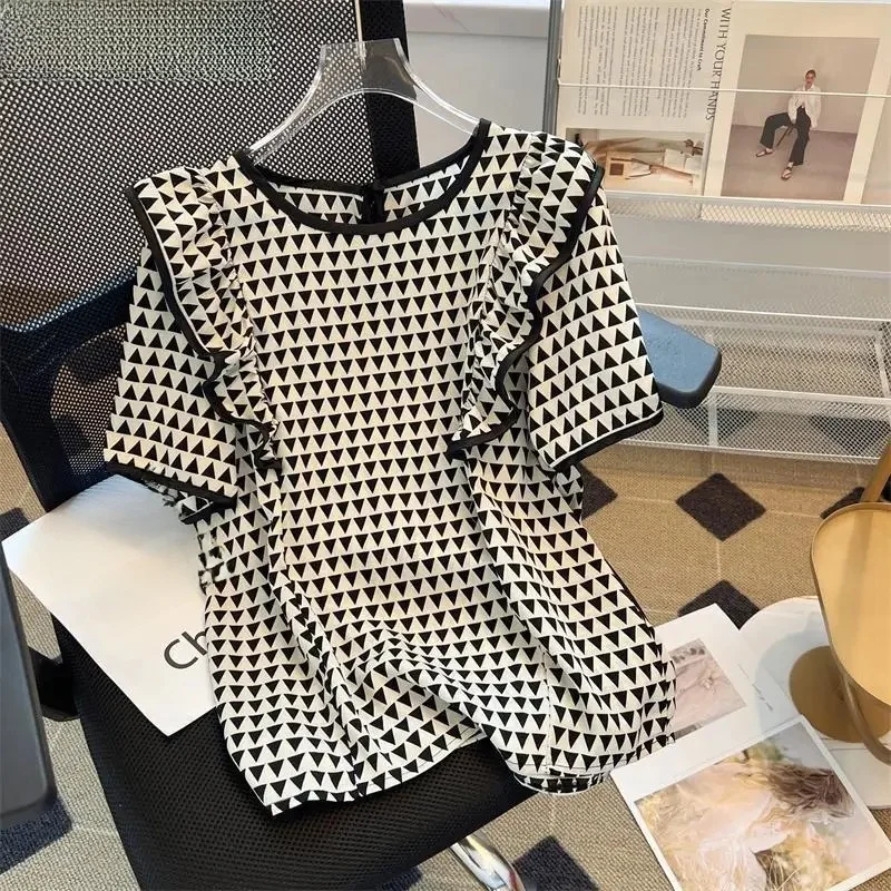 

Summer Blouses Women Clothing Ruffles O-neck Short Sleeve Shirts Oversized Tops Ruffles Plaid Blouse 2025 Blusas Mujer De Moda