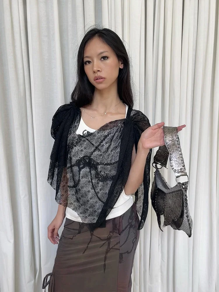 

Оригинальный дизайн EWIV с запахом на плечах и принтом, эластичный топ с рюшами, женский свободный жилет, летний сезонный цвет, повседневная одежда