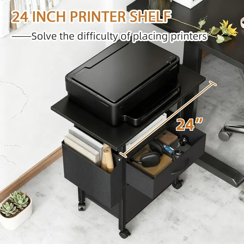 Mobile 2-Drawer File Cabinet with Extended Work Surface, Rolling Storage Unit, Side Pocket, Suitable for A4/Letter, Printer Stan