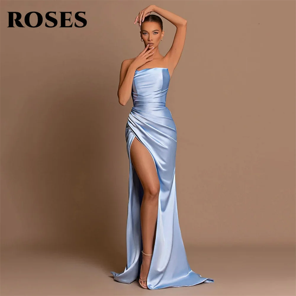 

ROSES Sky Blue Prom Dress Strapless Mermaid Satin Evening Dress Pleats Bodice Party Dress with High Side Split Robe De Soirée