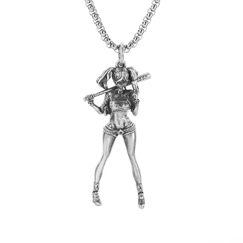 Cute & Sexy Double Ponytail Girl Baseball Bat Pendant Necklace for Men Fashionable Hip-hop Punk Jewelry for Casual Wear and Gift