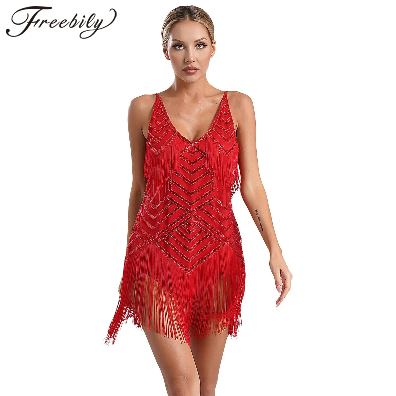 Womens 1920s Theme Party Costume Femme V Neck Fringe Flapper Dress Latin Dance Dresses Shiny Sequins Cha-Cha Tango Dancewear