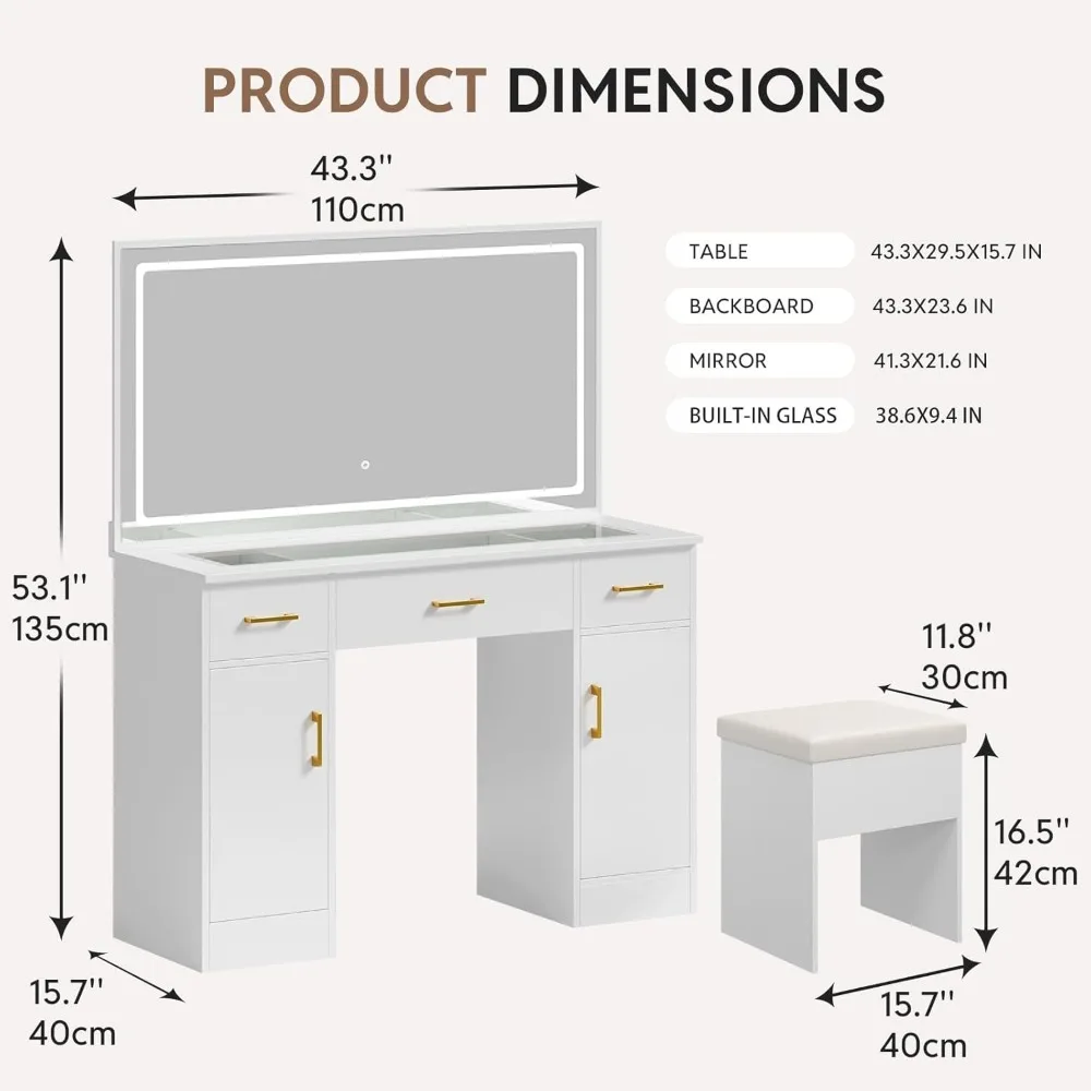 Ensemble de vanité de maquillage avec dessus en verre transparent, miroir LED, station de charge, tabouret de rangement, moderne, blanc, 43.3 po