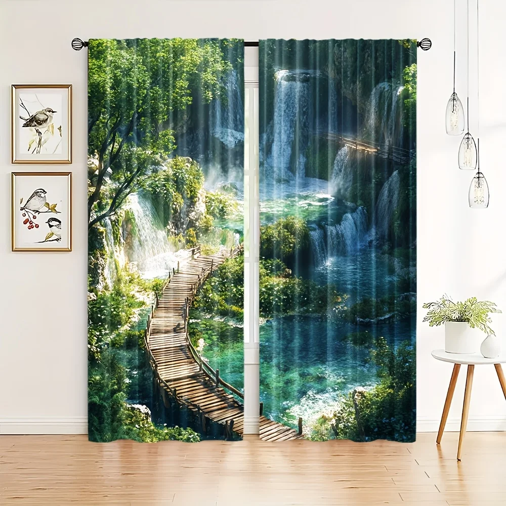 2pcs Contemporary Forest Stream Scenery Light-Filtering Curtain Panels, 100% Polyester Sheer Roller Blinds, Hand Wash Only, Rod