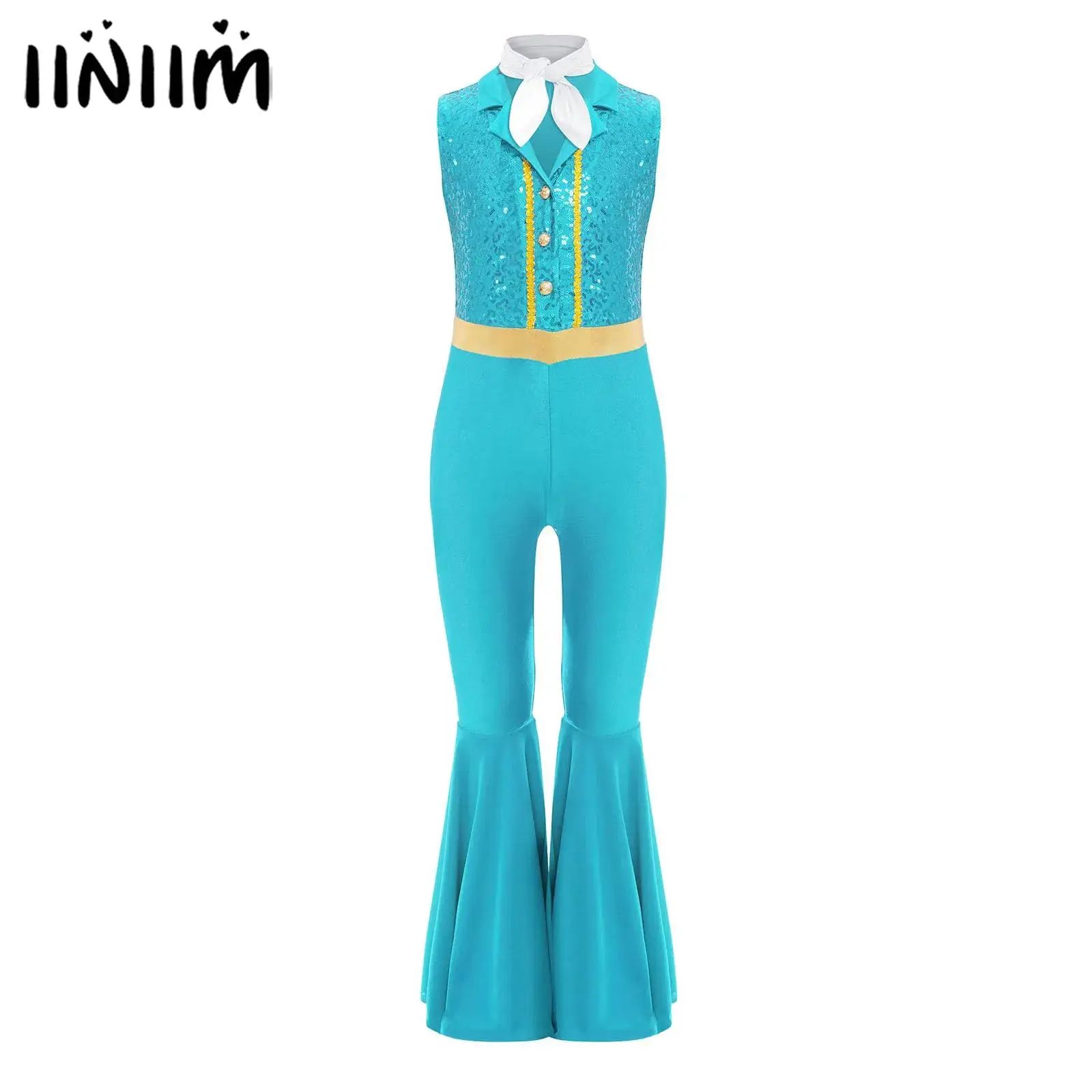 

Детский карнавальный костюм 70-х годов для дискотеки, певицы, джазовой танцовщицы, блестящий комбинезон с блестками, трико для всего тела, боди с шарфом