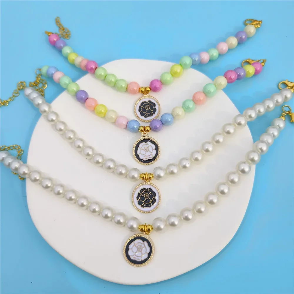 Pet Pearl Collar Cat Necklace Pendant Round Rose Shape Pet Accessories Elegant Princess Cat Dog Cute Sweet Decoration