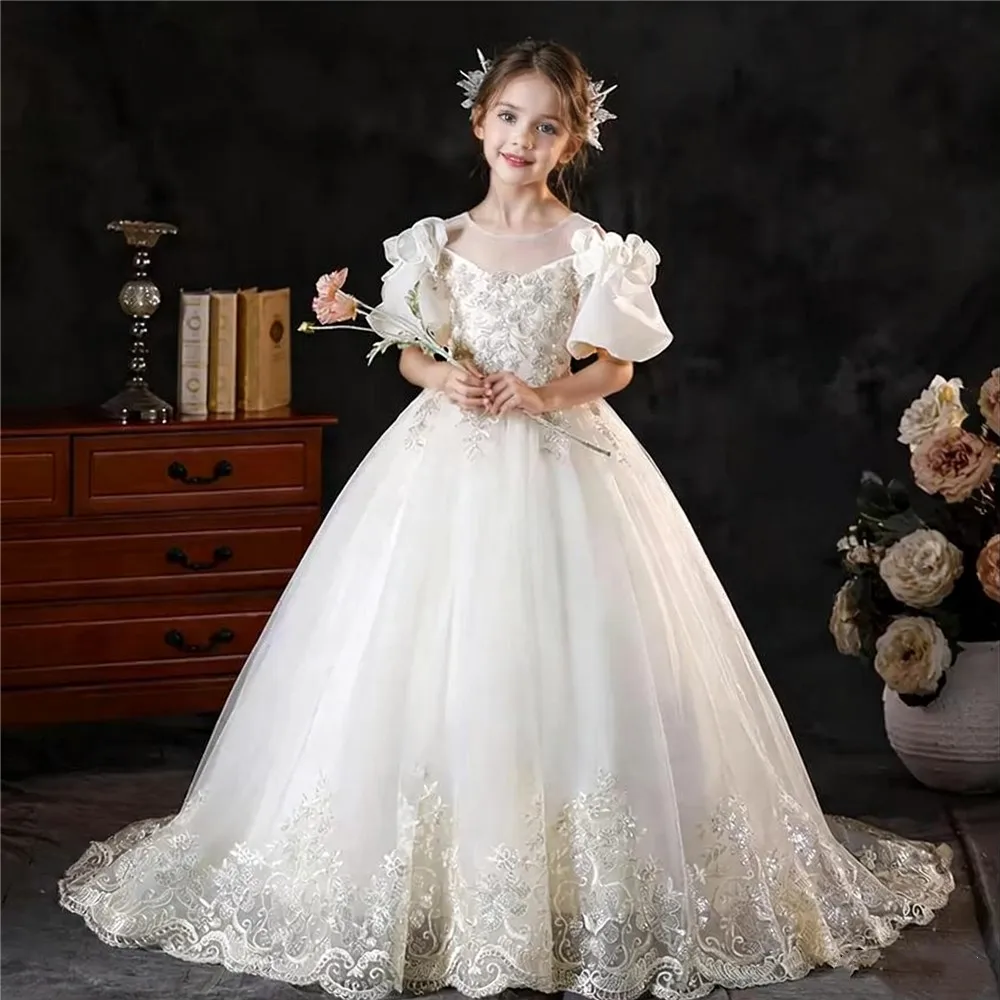 

Customized Elegant Flower Girl Dress For Wedding Appliques With Bow Off Shoulder Kids Birthday Party First Communion Gown
