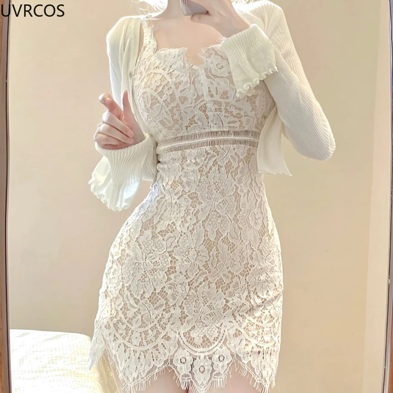 2024 Autumn Elegant Lace Lolita Dress Suit Woman Sweet Casual Short Cardigan Sexy Slim Y2k Mini Skirt Korean Fashion 2 Piece Set