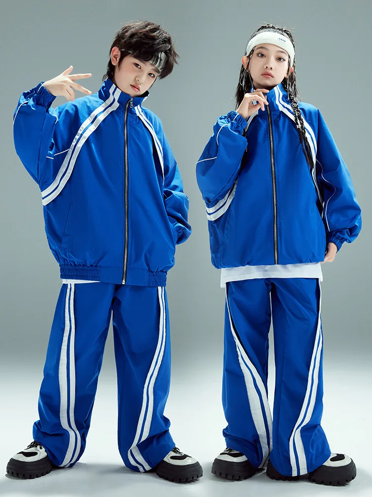 Blue Boy's Jazz Dance Costume Girl's Hip Hop Dancing Performance Outfits Childrens Street Kpop Stage Show Set Coat Pants XH1331