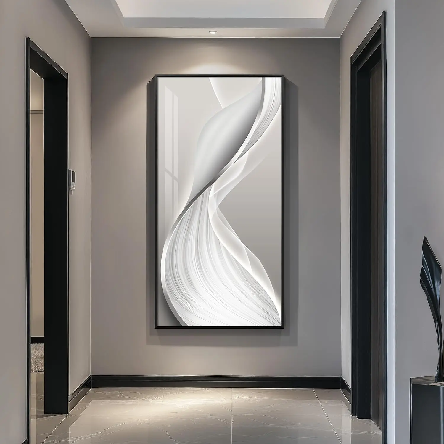 Framed Abstract Vertical Wall Art Bright Luxury Prints Minimalist Silver Gray Pictures Living Room Hallway Entryway Foyer Stair