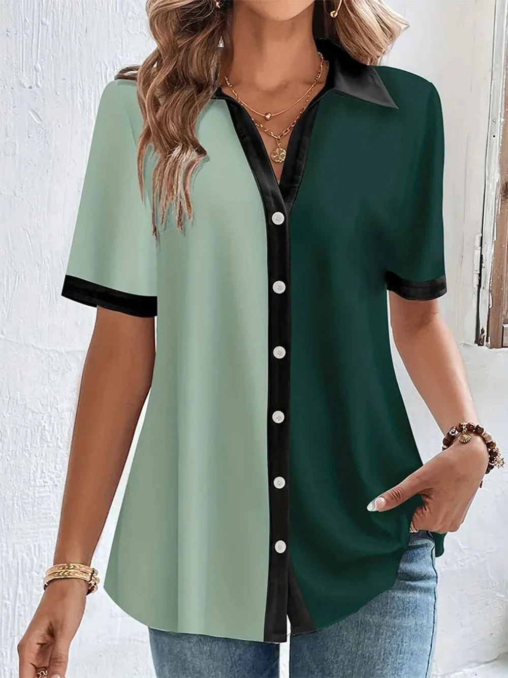 

Fashion Woman shirts & blouse 2024 Spring and Autumn New Short sleeve shirts elegant Green prints Shirts Temperament Tops 5XL