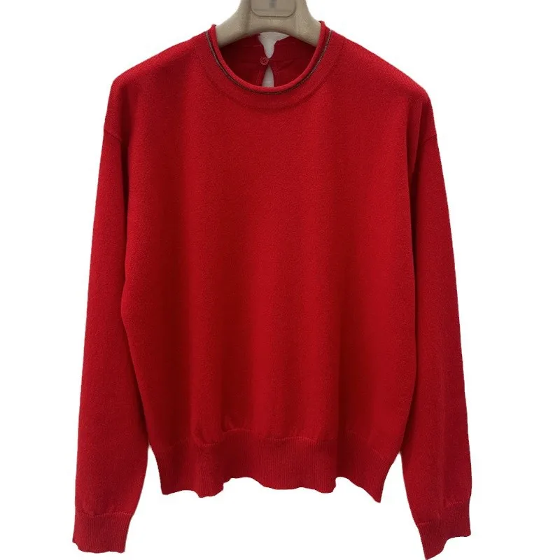 2025 High-quality High-end Women's Clothing Temperament Elegant Style Solid Color Round Neck Long-sleeved Knitted Top