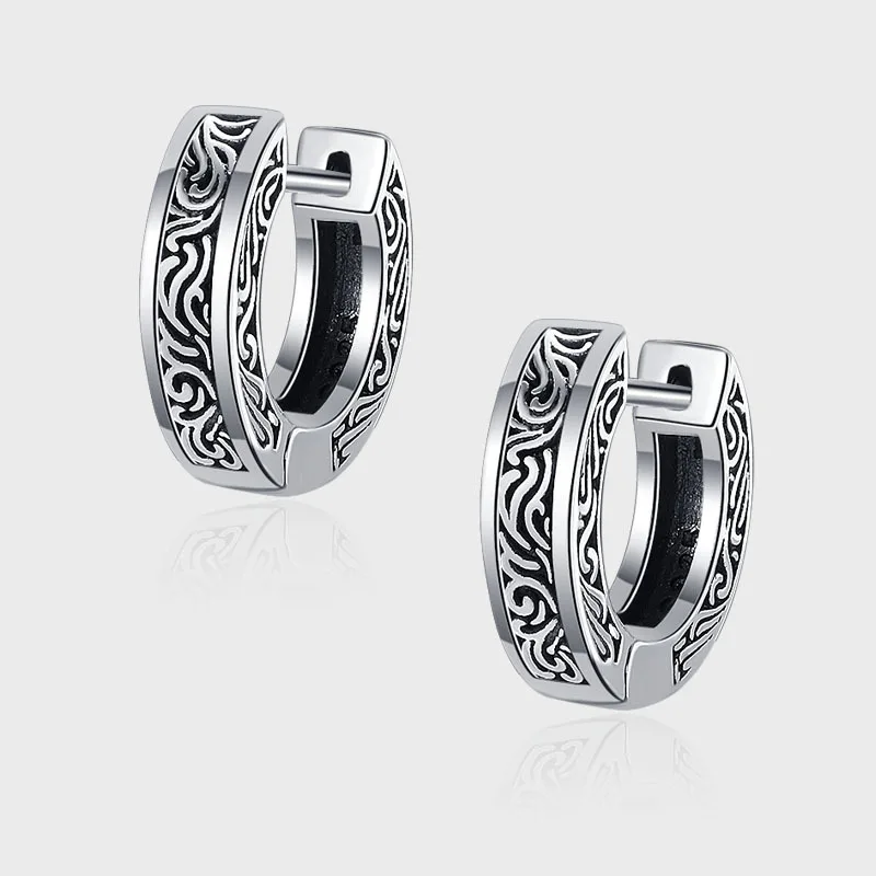 

S925 Sterling Silver Retro Distressed Carved Ear Buckles, Chinese Classical Style Ear Studs And Earrings. Daily Wear Jewelry