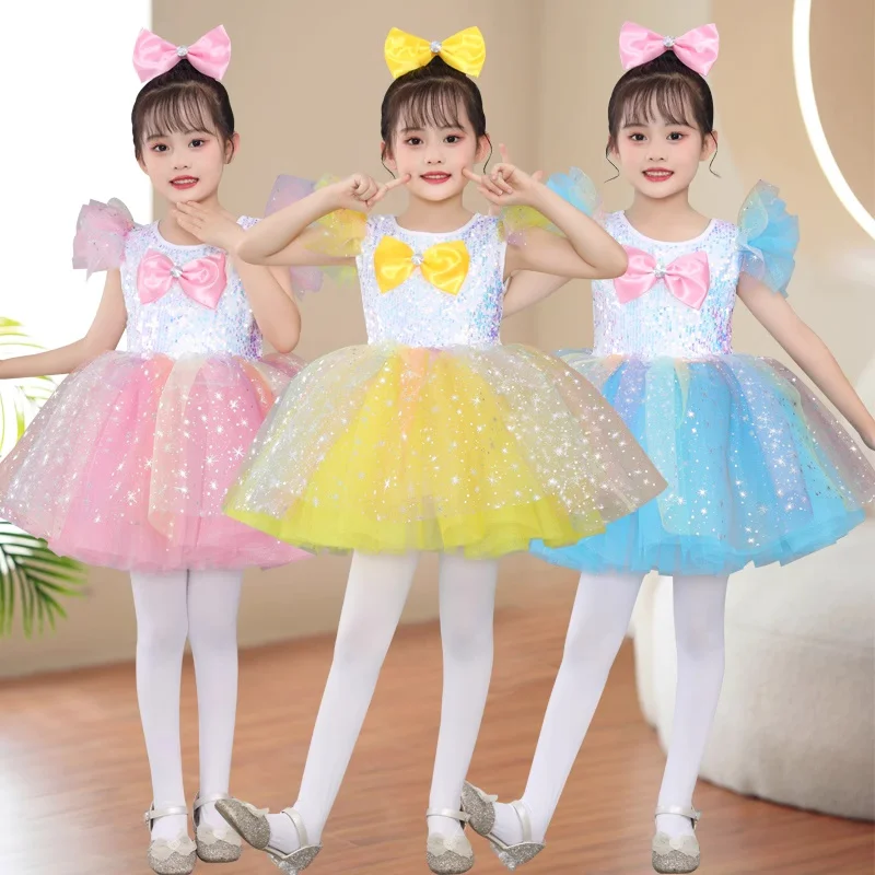 

Sequin Dance Costume Girls Lyrical Contemporary Freestyle Pink Dance Dress Girls Children Kids