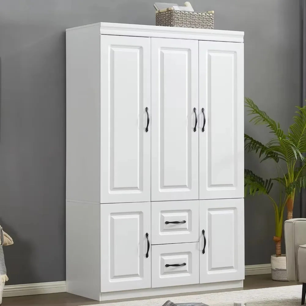 Wardrobe Armoire Storage Cabinet Wood: 3 Door 2 Drawers White Closet Wardrobe for High Storage Capacity with 3 Shelves and Metal