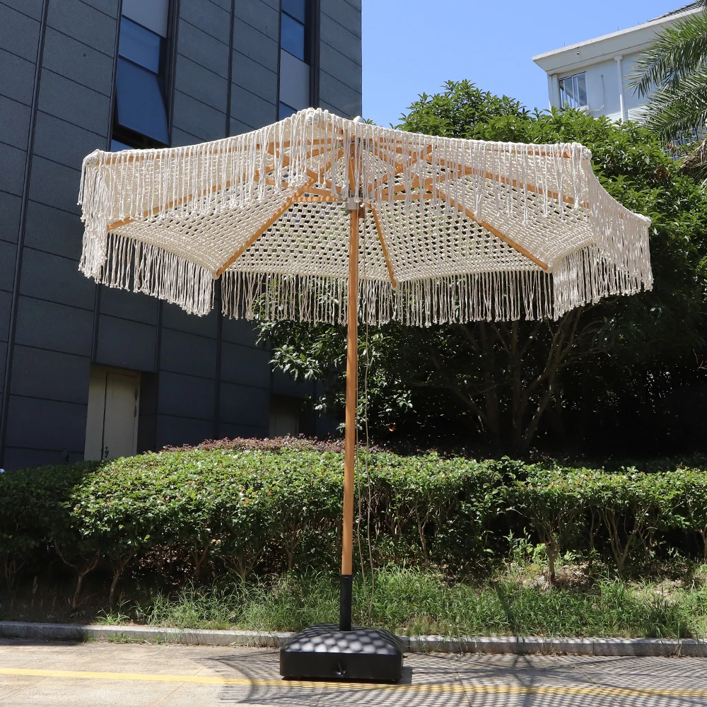 Sombrilla de playa redonda de macramé D3, impermeable, de poliéster y madera de haya, con flecos, parasol para jardín, Patio y piscina