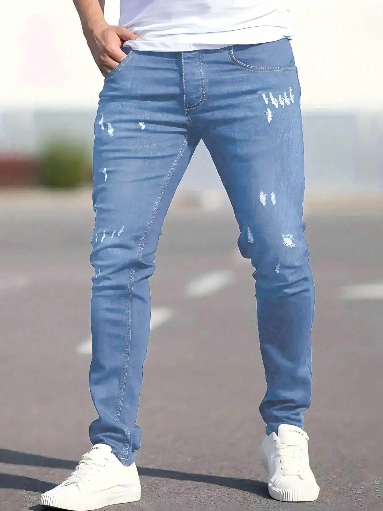 

Мужские джинсы слим-фит с рваными элементами и эффектом потертости для повседневной носки