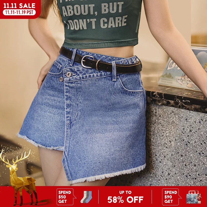 

Винтажная потертая синяя джинсовая юбка Maden, женская летняя асимметричная мини-юбка трапециевидной формы на пуговицах спереди, повседневная джинсовая короткая юбка