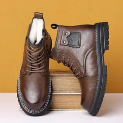 Luxury Men's High-top Boots High-quality Casual Leather Boot Plush Warm Cotton Shoes for Men Non Slip Platform Boot Botas Hombre